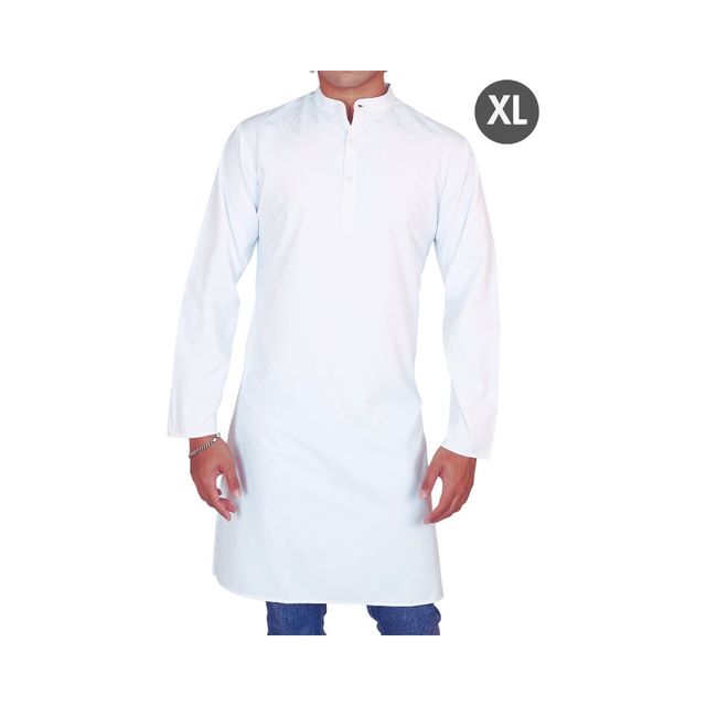 EQL Men's Cotton Linen Button Placket Long Kurta for Men | White - XL