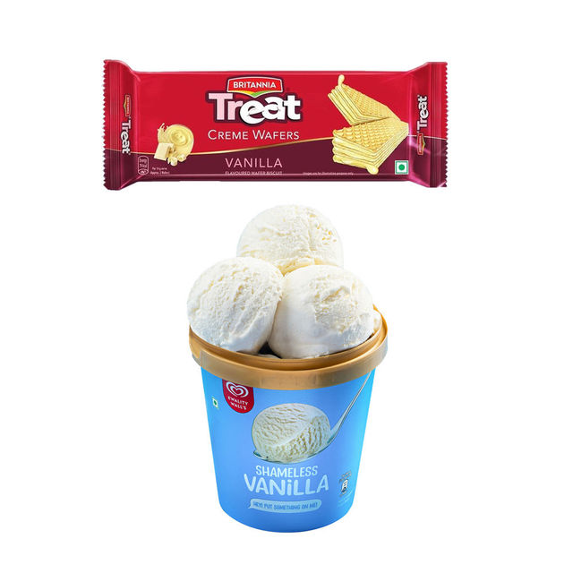 Kwality Wall'S Shameless Vanilla Tub(700ml) & Britannia Treat Creme Wafers - Vanilla(55gms) Combo