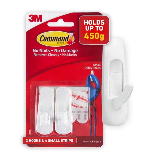 Command Adhesive Damage Free Small Hooks| Holds 450 gm | 2 Hooks| 4 Strips