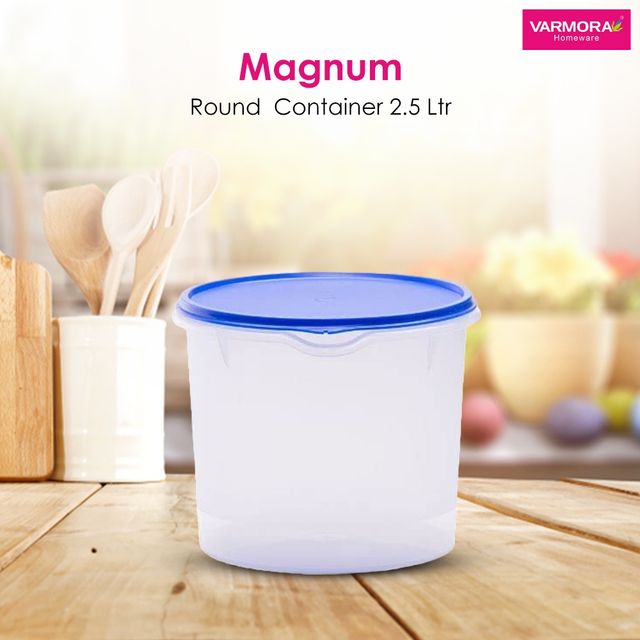 Varmora Magnum Round Plastic Storage Storage Container Transparent Air-Tight 2500ml- Blue