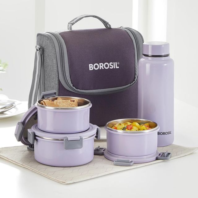 Borosil Glory Lavender Stainless Steel Lunchbox, 3pcs Set (280ml x 2 + 460ml x 1) + 1Bottle
