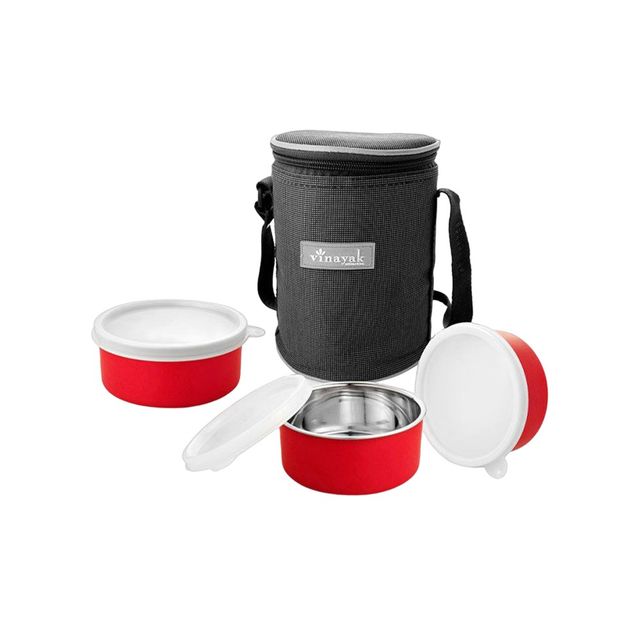 Vinayak Stainless Steel Lunch Box (Microwave Safe) (3 X 280 Ml, Red)