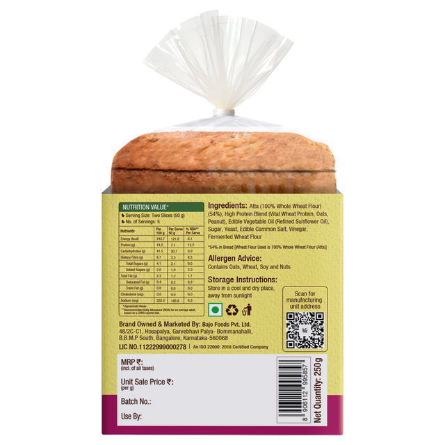 Protein Chef High Fibre 100% Whole Wheat Bread (Zero Maida) - Atta Bread Made MP Sharbati Wheat