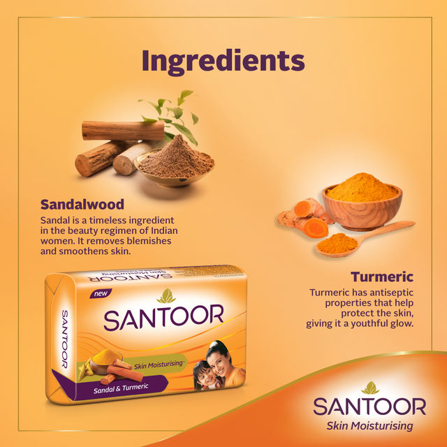 Santoor Skin Moisturizing Sandal and Turmeric Bathing Soap With Anti-Aging Properties