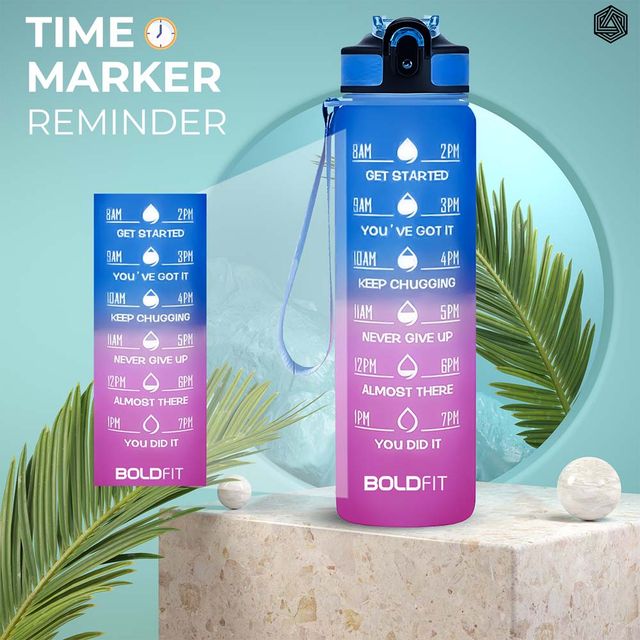 Boldfit Water Bottle With Motivational Time Markers 1 Litre - Fuchsia Blue