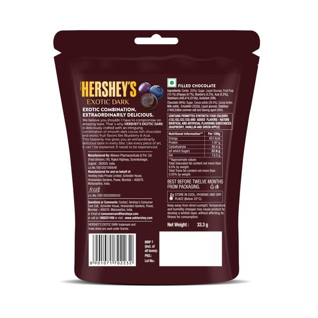 Hershey's Exotic Dark Blueberry And Acai Chocolates Share Bag 33.3 g Combo