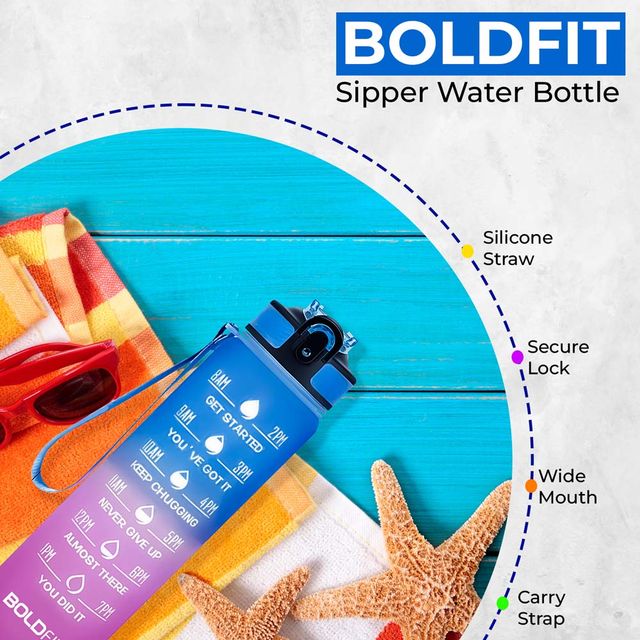 Boldfit Water Bottle With Motivational Time Markers 1 Litre - Fuchsia Blue
