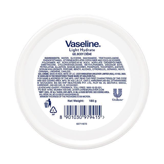 Vaseline Light Hydrate Gel Body Creme Hyaluronic Acid & Vitamin C For Hydrated Radiant Skin