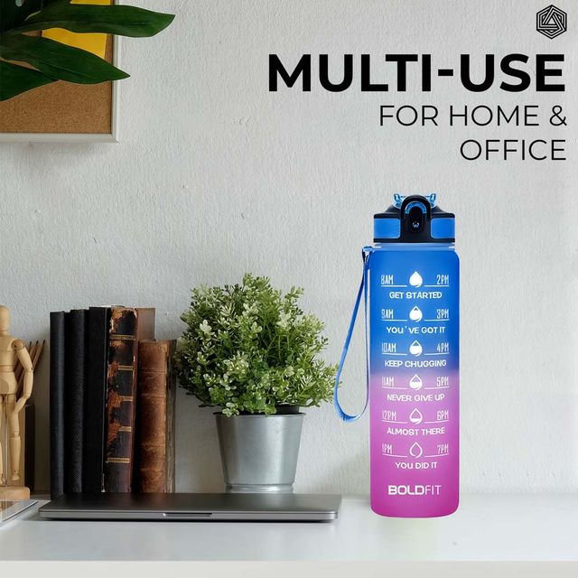 Boldfit Water Bottle With Motivational Time Markers 1 Litre - Fuchsia Blue