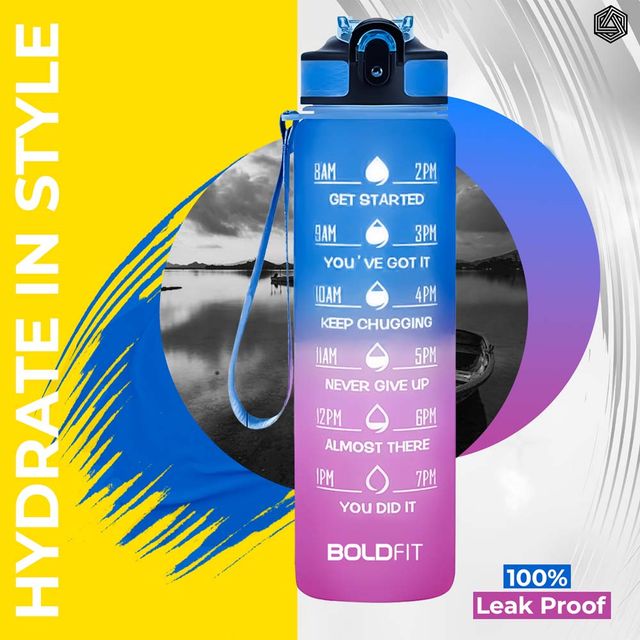 Boldfit Water Bottle With Motivational Time Markers 1 Litre - Fuchsia Blue