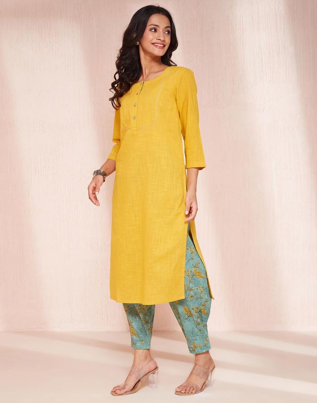 Fabindia Women's Kurta & Salwar Set Regular Fit | Yellow - XS