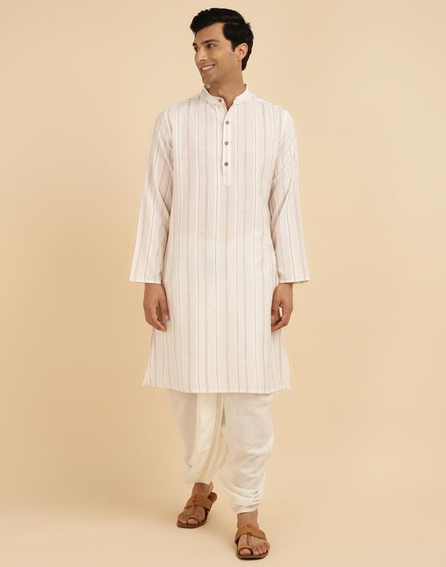 Fabindia Men's Long Kurta Cotton Woven | Offwhite - XS