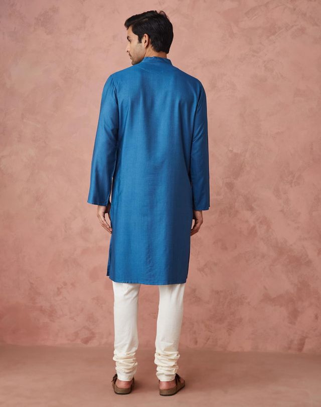 Fabindia Men's Long Kurta Viscose Silk Slim Fit | Blue - L