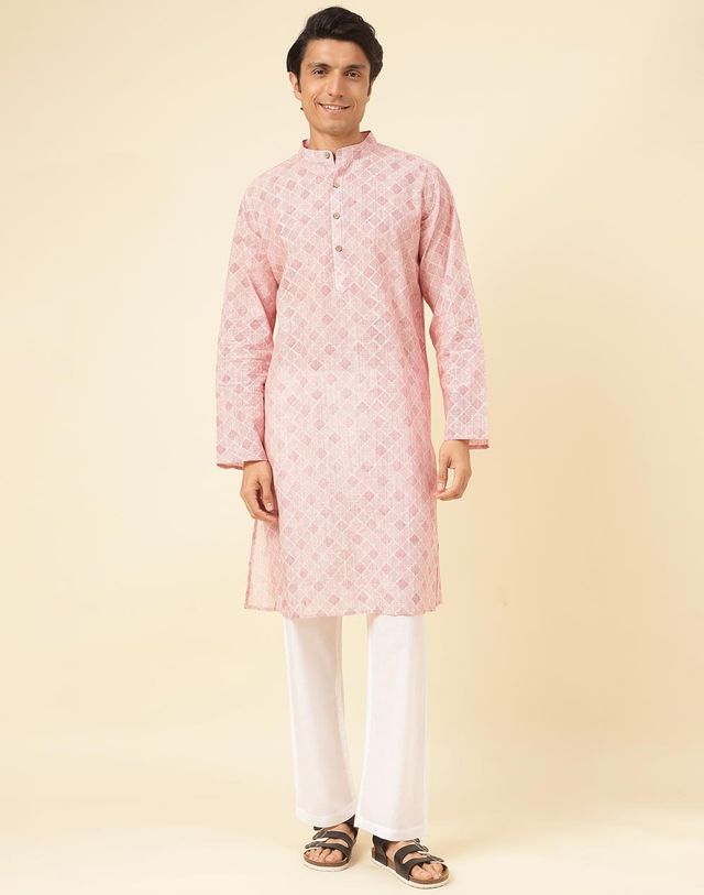 Fabindia Men's Long Kurta Hand Block Printed | Pink - L