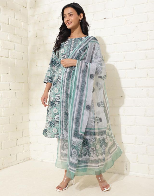 Fabindia Women's Dupatta & Kurta Set Cotton Printed | Blue - L