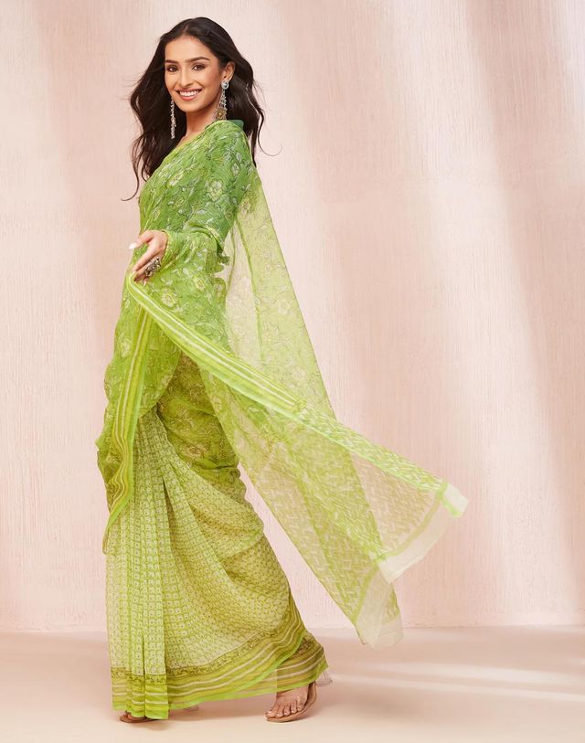 Fabindia Women's Sari Hand Block Printed Silk | Green