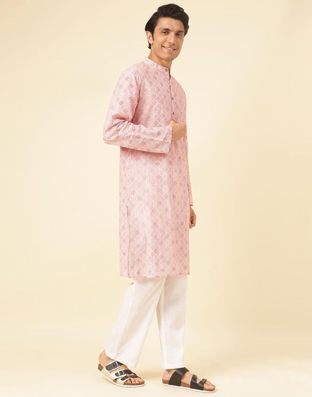Fabindia Men's Long Kurta Hand Block Printed | Pink - L