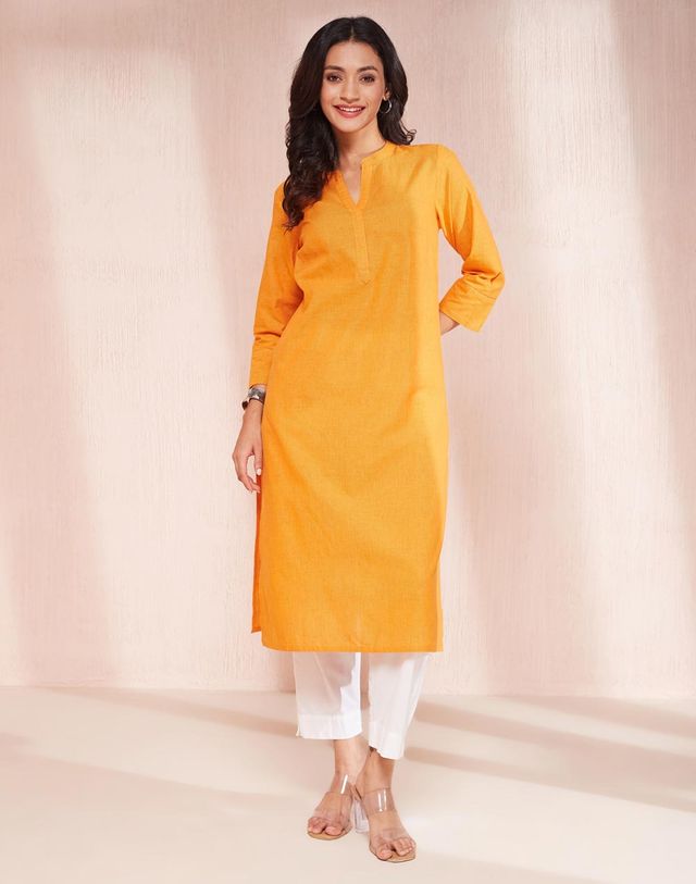 Fabindia Women's Dupatta & Kurta Set Regular Fit | Orange - XL
