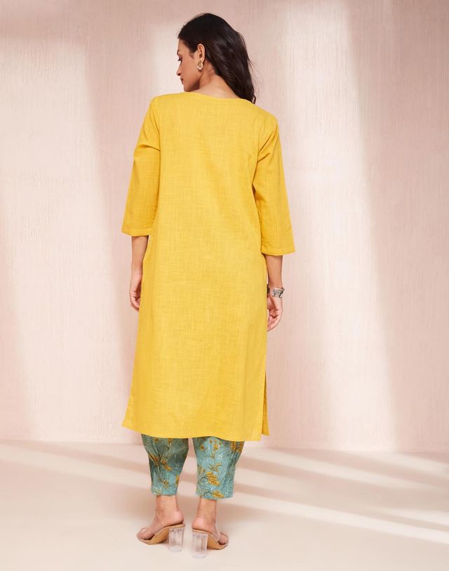 Fabindia Women's Kurta & Salwar Set Regular Fit | Yellow - XS