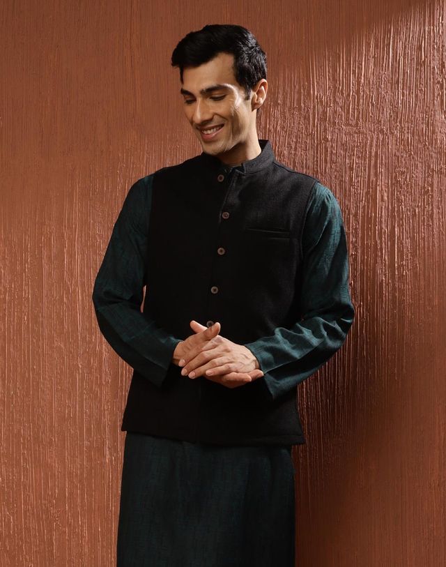 Fabindia Men's Jacket Woven Wool | Black - L