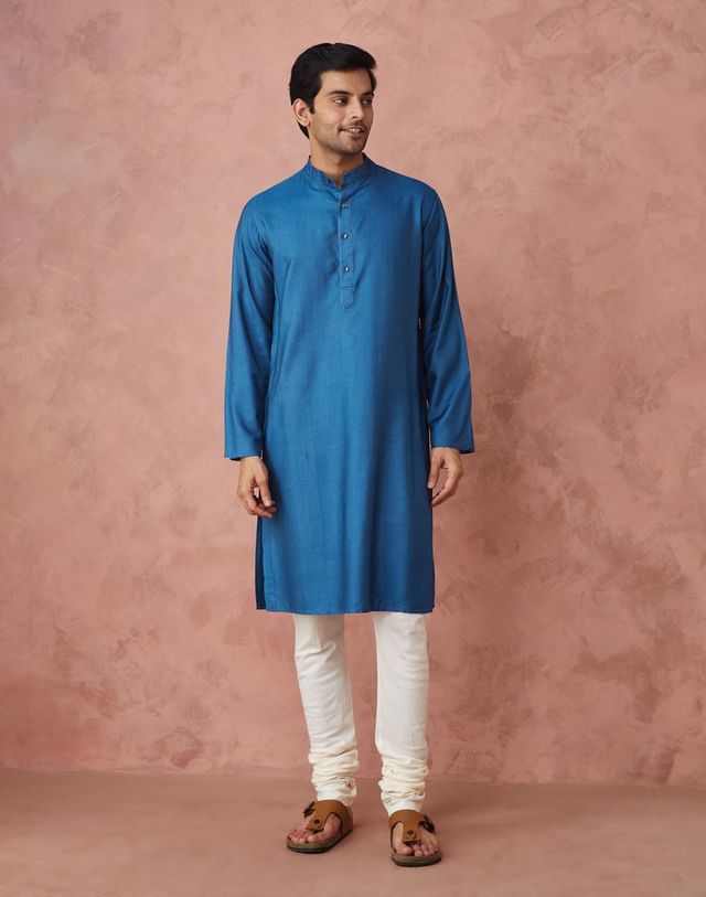 Fabindia Men's Long Kurta Viscose Silk Slim Fit | Blue - L
