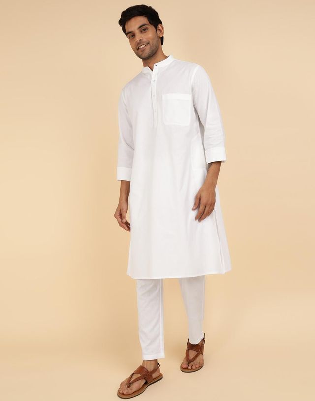 Fabindia White Cotton Woven Kurta & Pyjama Set (M)