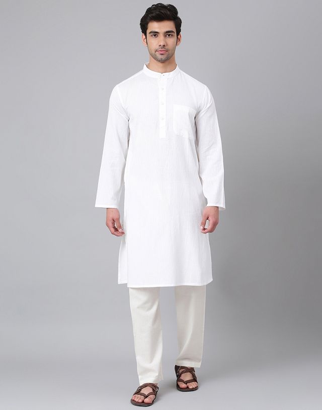 Fabindia Men's Long Kurta Dobby | White - XS