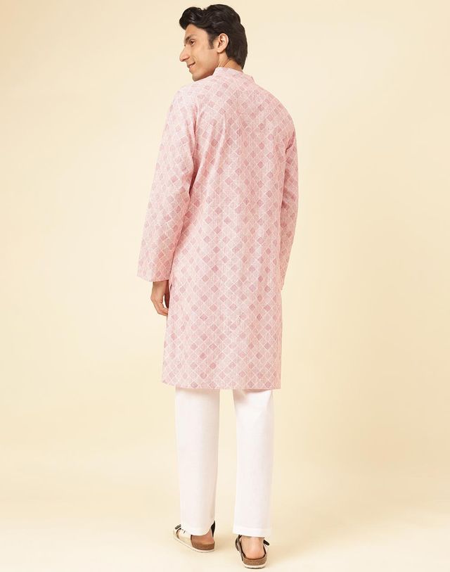 Fabindia Men's Long Kurta Hand Block Printed | Pink - L