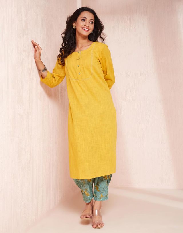 Fabindia Women's Kurta & Salwar Set Regular Fit | Yellow - XS