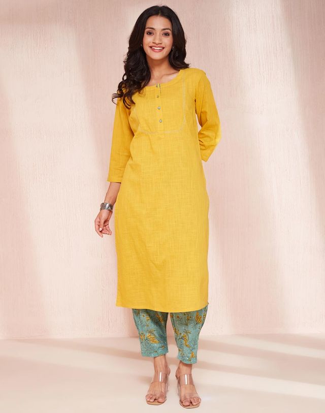 Fabindia Women's Kurta & Salwar Set Regular Fit | Yellow - XS