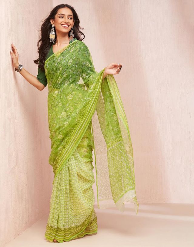Fabindia Women's Sari Hand Block Printed Silk | Green