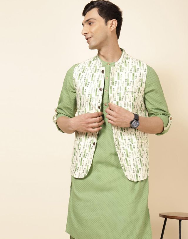 Fabindia Men's Nehru Jacket Cotton Tribal Printed Slim Fit | Natural - S