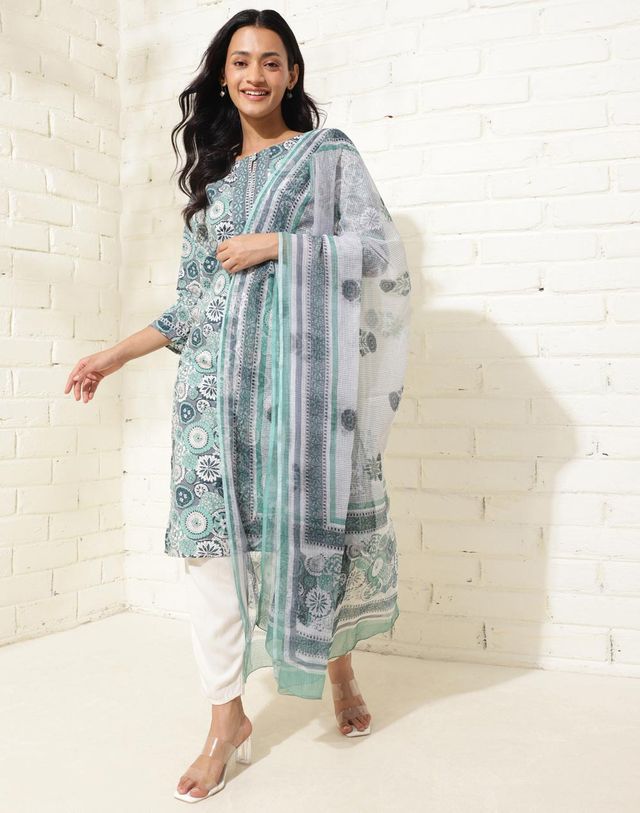 Fabindia Women's Dupatta & Kurta Set Cotton Printed | Blue - L