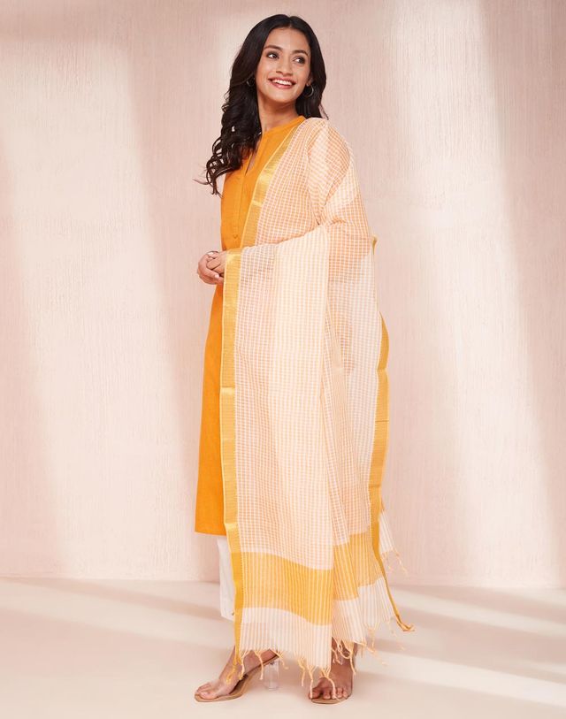 Fabindia Women's Dupatta & Kurta Set Regular Fit | Orange - XL
