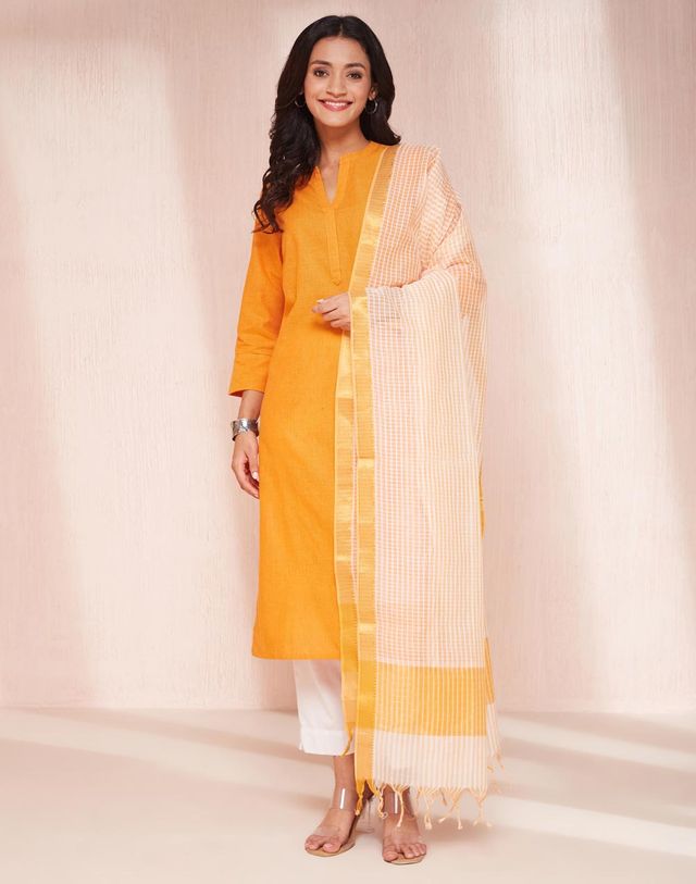 Fabindia Women's Dupatta & Kurta Set Regular Fit | Orange - XL