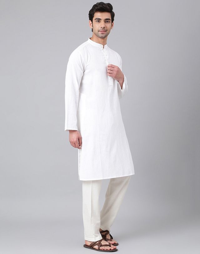 Fabindia Men's Long Kurta Dobby | White - XS