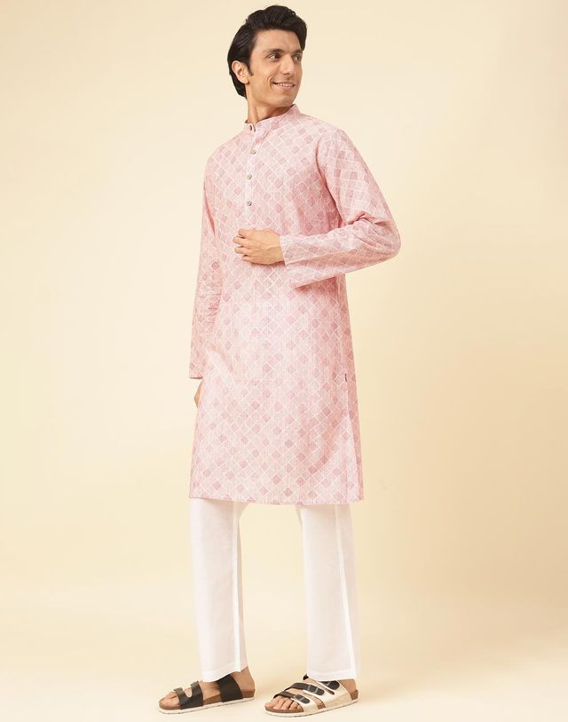 Fabindia Men's Long Kurta Hand Block Printed | Pink - L