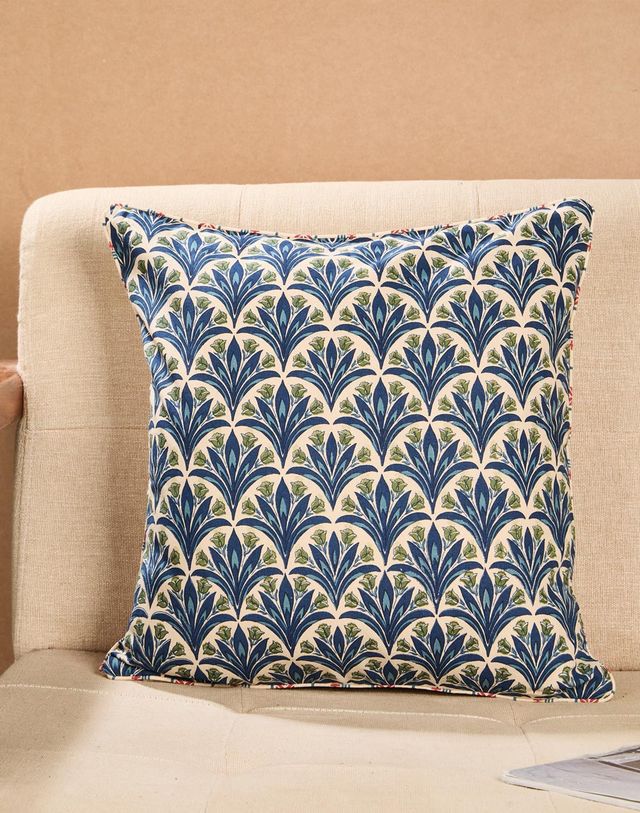 Fabindia Cotton Printed Cushion Cover - Blue - 16 x 16 inch