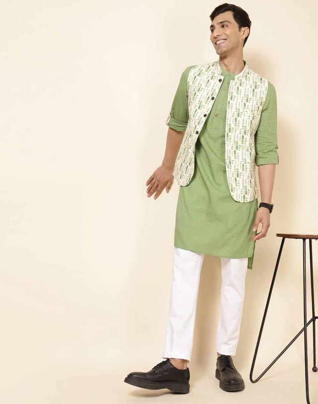 Fabindia Men's Nehru Jacket Cotton Tribal Printed Slim Fit | Natural - S