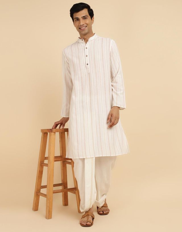 Fabindia Men's Long Kurta Cotton Woven | Offwhite - XS