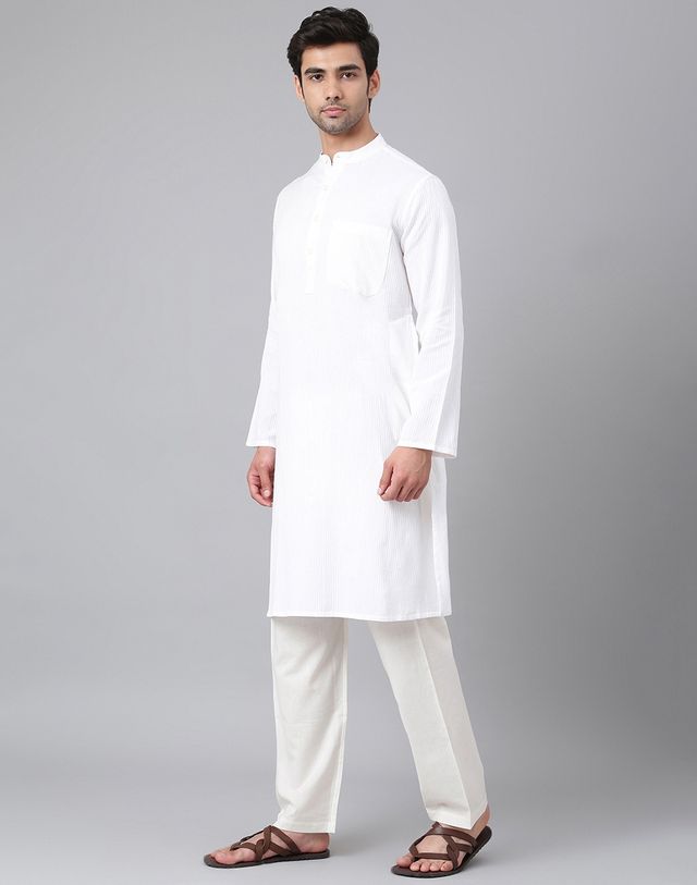Fabindia Men's Long Kurta Dobby | White - XS