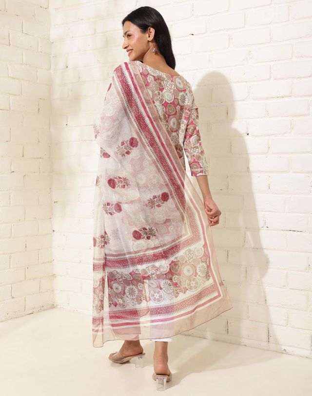 Fabindia Women's Dupatta & Kurta Set Printed | Pink - M