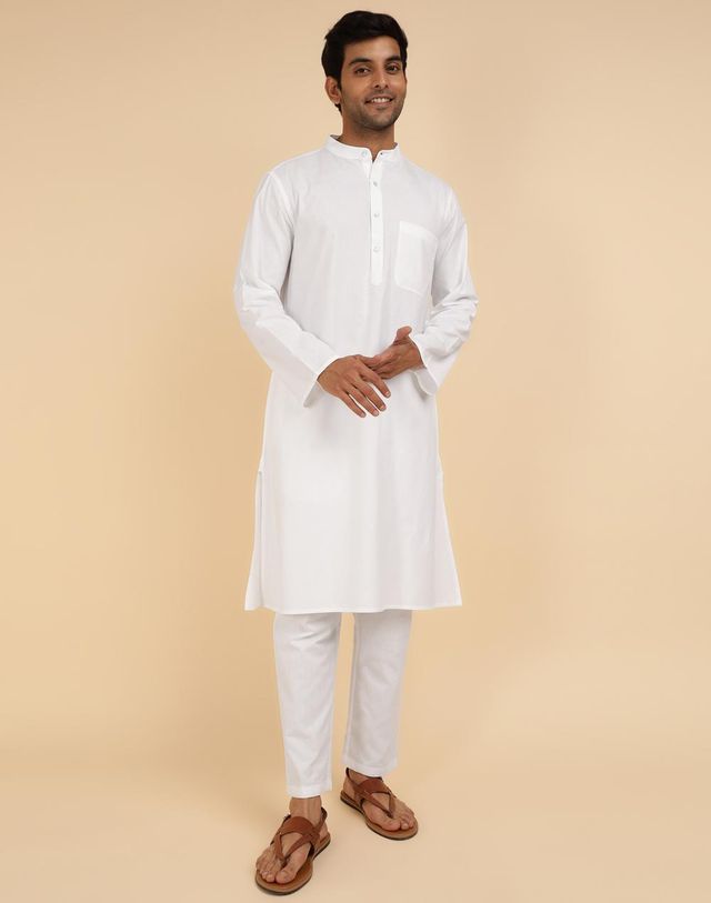 Fabindia White Cotton Woven Kurta & Pyjama Set (M)