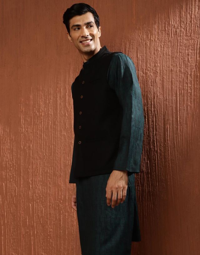 Fabindia Men's Jacket Woven Wool | Black - L
