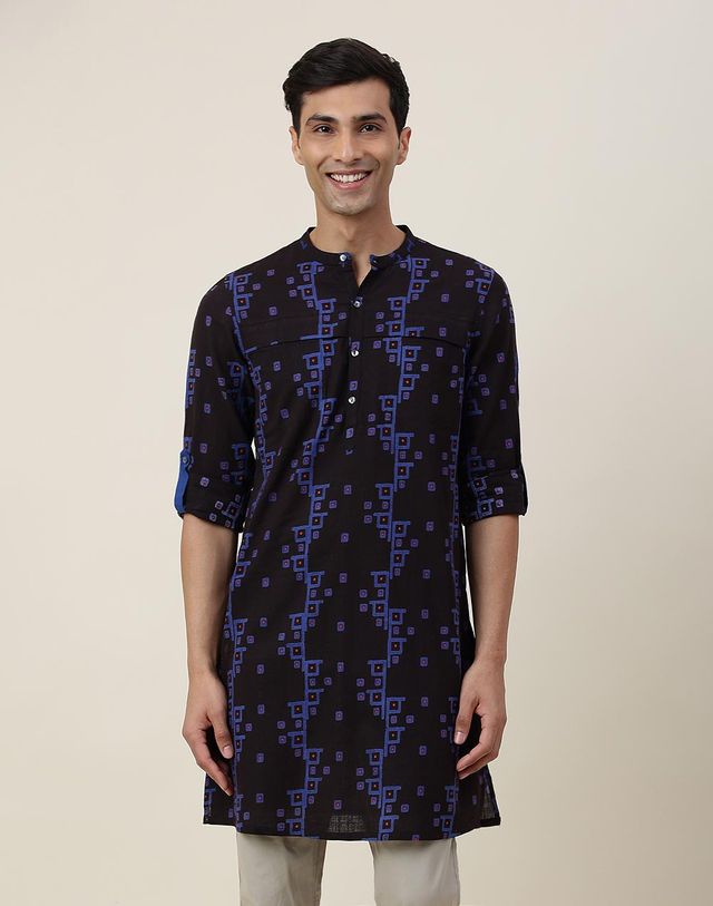 Fabindia Men's Long Kurta Printed Slim Fit | Black - S