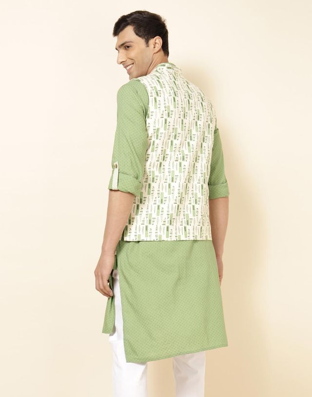 Fabindia Men's Nehru Jacket Cotton Tribal Printed Slim Fit | Natural - S