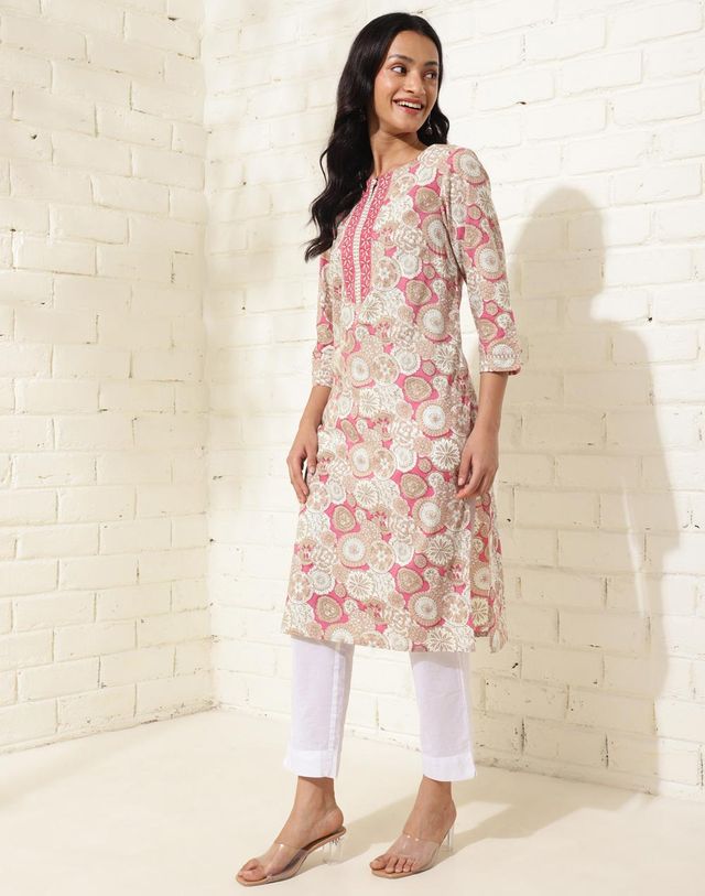 Fabindia Women's Dupatta & Kurta Set Printed | Pink - M