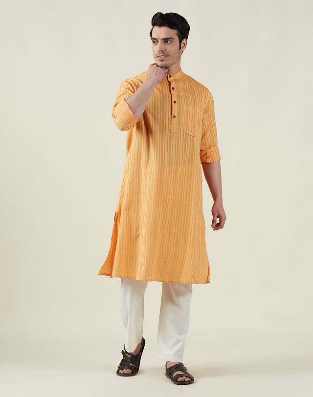 Fabindia Men's Long Kurta Cotton Jamaal Stripe Comfort Fit | Yellow - S