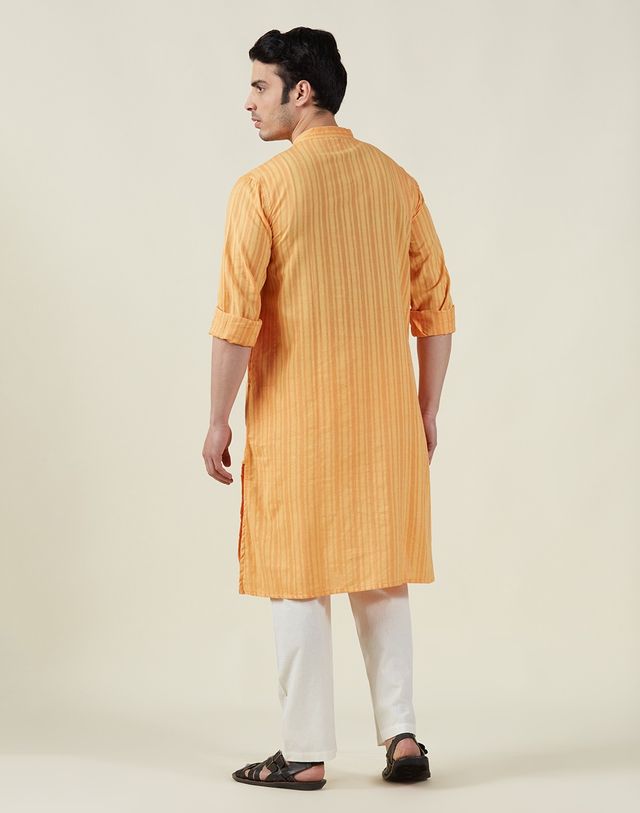 Fabindia Men's Long Kurta Cotton Jamaal Stripe Comfort Fit | Yellow - S