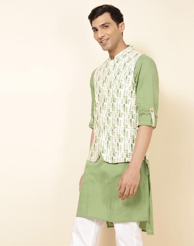 Fabindia Men's Nehru Jacket Cotton Tribal Printed Slim Fit | Natural - S